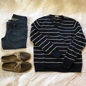 Navy/White Striped V-Neck Sweater